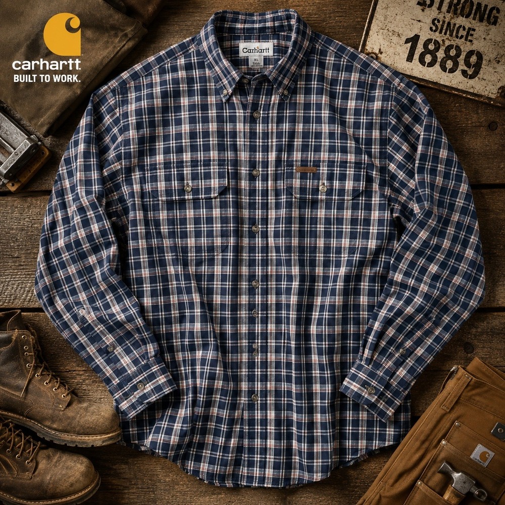 Carhartt Button Down Work Shirt Mens XLT Tall Plaid Shirt Navy Blue Long Sleeve
